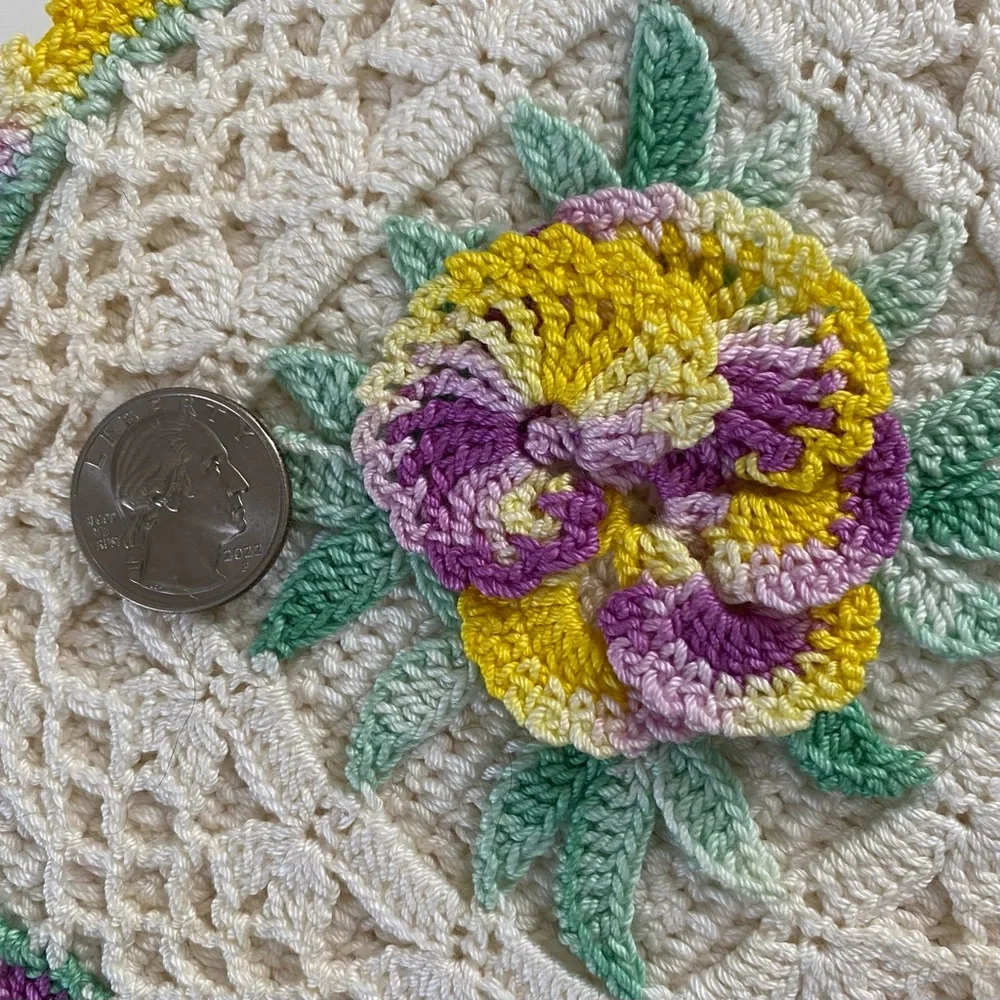 Vintage Hand Crochet Pansy Potholder Ivory Purple Yellow Green